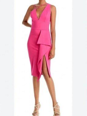Lavish Alice Pink Ruffle Midi Dress Deep V Bodycon NWT (Multiple Sizes)